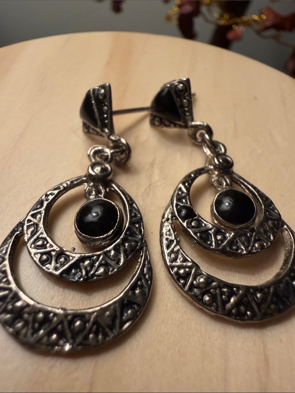 Vintage Black Enamel and Silver Double Hoop Drop Earrings